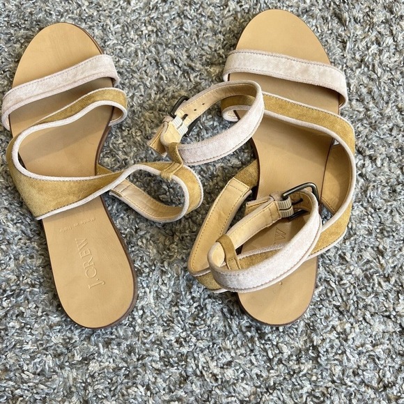 J Crew Size 9 Ankle Strap Sandals Suede Yellow Tan Color Flats Summer Italy New - Picture 7 of 7